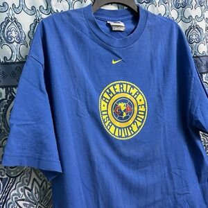 Vintage 2000s Nike Club America Soccer Center Swoosh T shirt L Blue Futbol Tour
